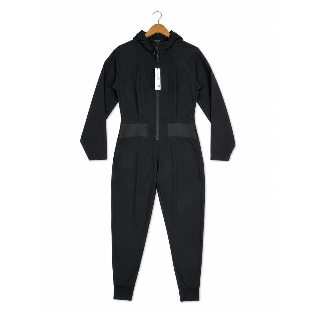 Athleta Allyson Felix Jumpsuit Womens L Black Hooded Zip Athletic Chic Sport New